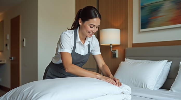 Femme de chambre en uniforme lisse des draps blancs dans une chambre d'hôtel