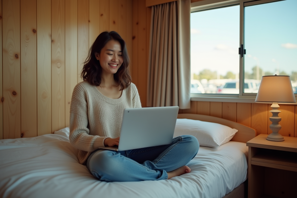 Jeune femme utilisant un ordinateur dans une chambre de motel
