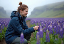 Jeune femme islandaise examine des lupins en pleine nature