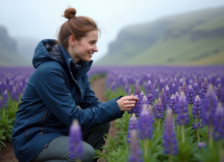 Meilleure période pour observer les lupins en Islande : conseils et astuces Jeune femme islandaise examine des lupins en pleine nature