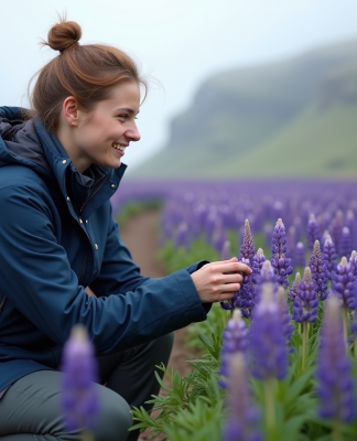 Jeune femme islandaise examine des lupins en pleine nature