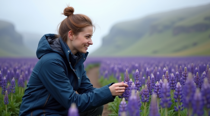 Jeune femme islandaise examine des lupins en pleine nature