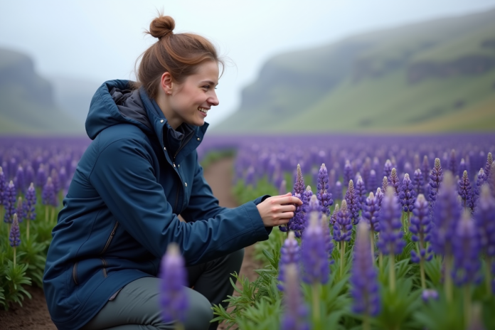 Jeune femme islandaise examine des lupins en pleine nature