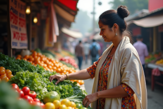Femme d'âge moyen choisissant des légumes frais au marché