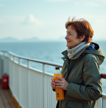 Mal de mer en ferry : comment le prévenir efficacement ? Femme d'âge moyen regardant la mer depuis le pont du ferry