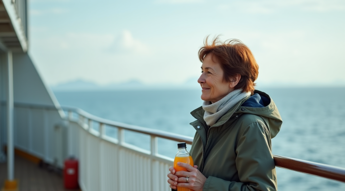 Femme d'âge moyen regardant la mer depuis le pont du ferry