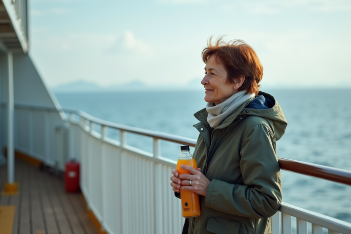 femme-mer-debout-voile Femme d'âge moyen regardant la mer depuis le pont du ferry