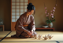 Éléments japonais : découverte des 5 incontournables de la culture Jeune femme japonaise en kimono arrangeant des grues en origami