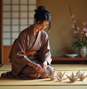 Éléments japonais : découverte des 5 incontournables de la culture Jeune femme japonaise en kimono arrangeant des grues en origami