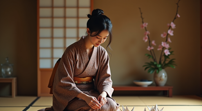 Jeune femme japonaise en kimono arrangeant des grues en origami