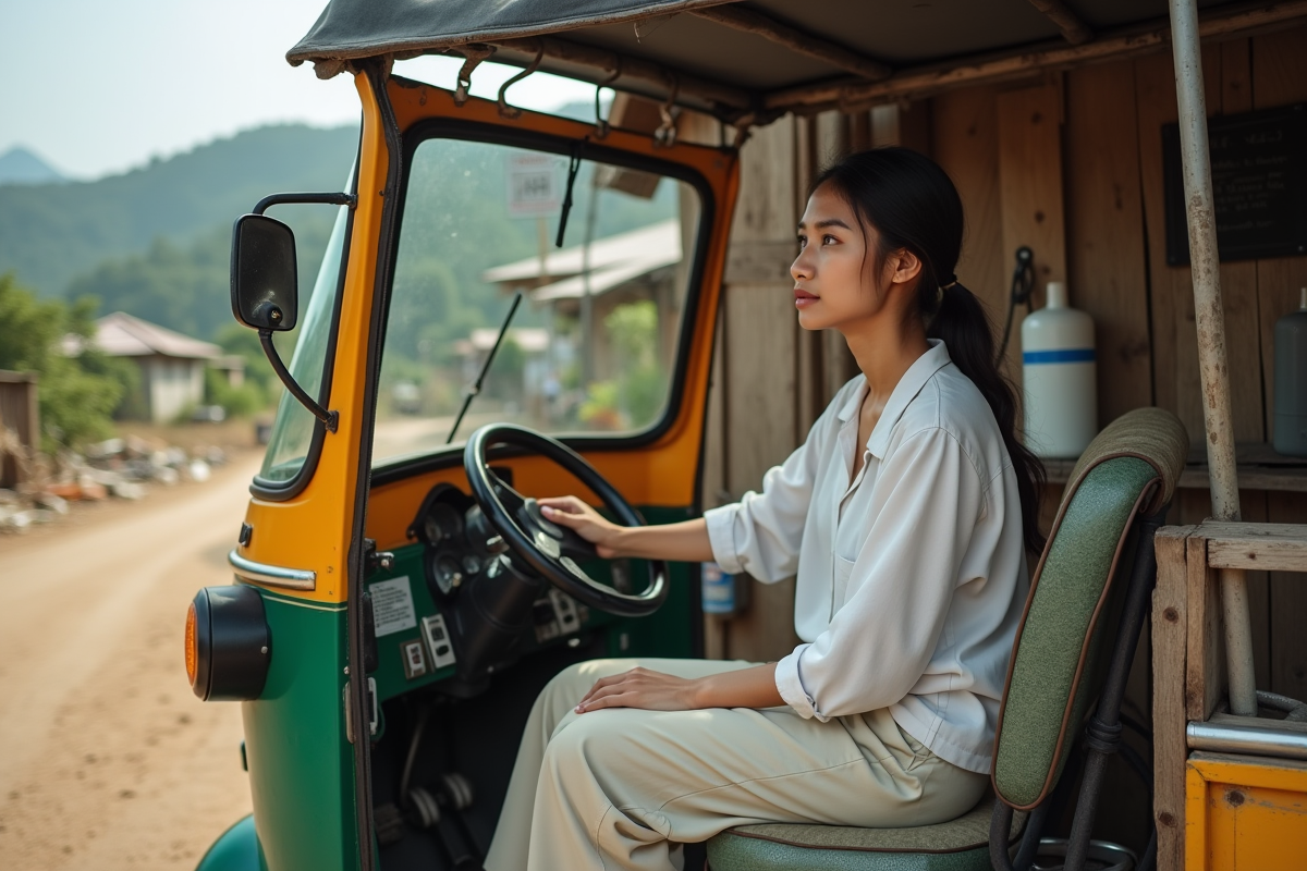 Jeune femme dans un tuktuk à la campagne regardant les bouteilles de carburant
