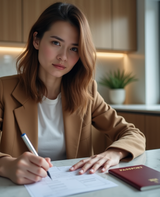Jeune femme remplissant son passeport pour voyager
