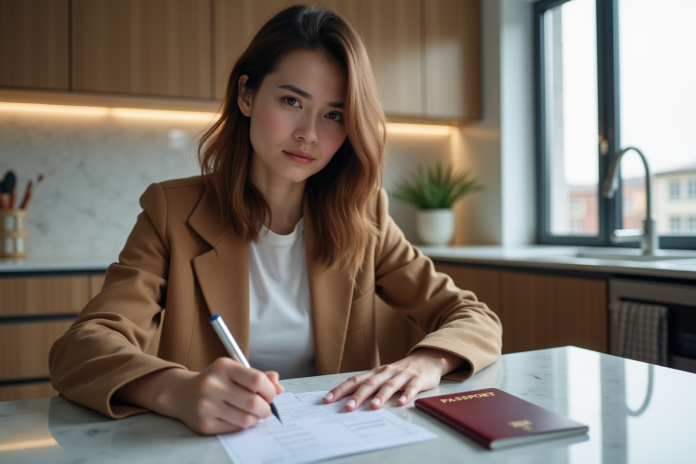 femme-passeport-voyage Jeune femme remplissant son passeport pour voyager