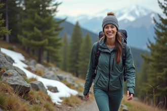 Femme souriante en randonnée en montagne au printemps