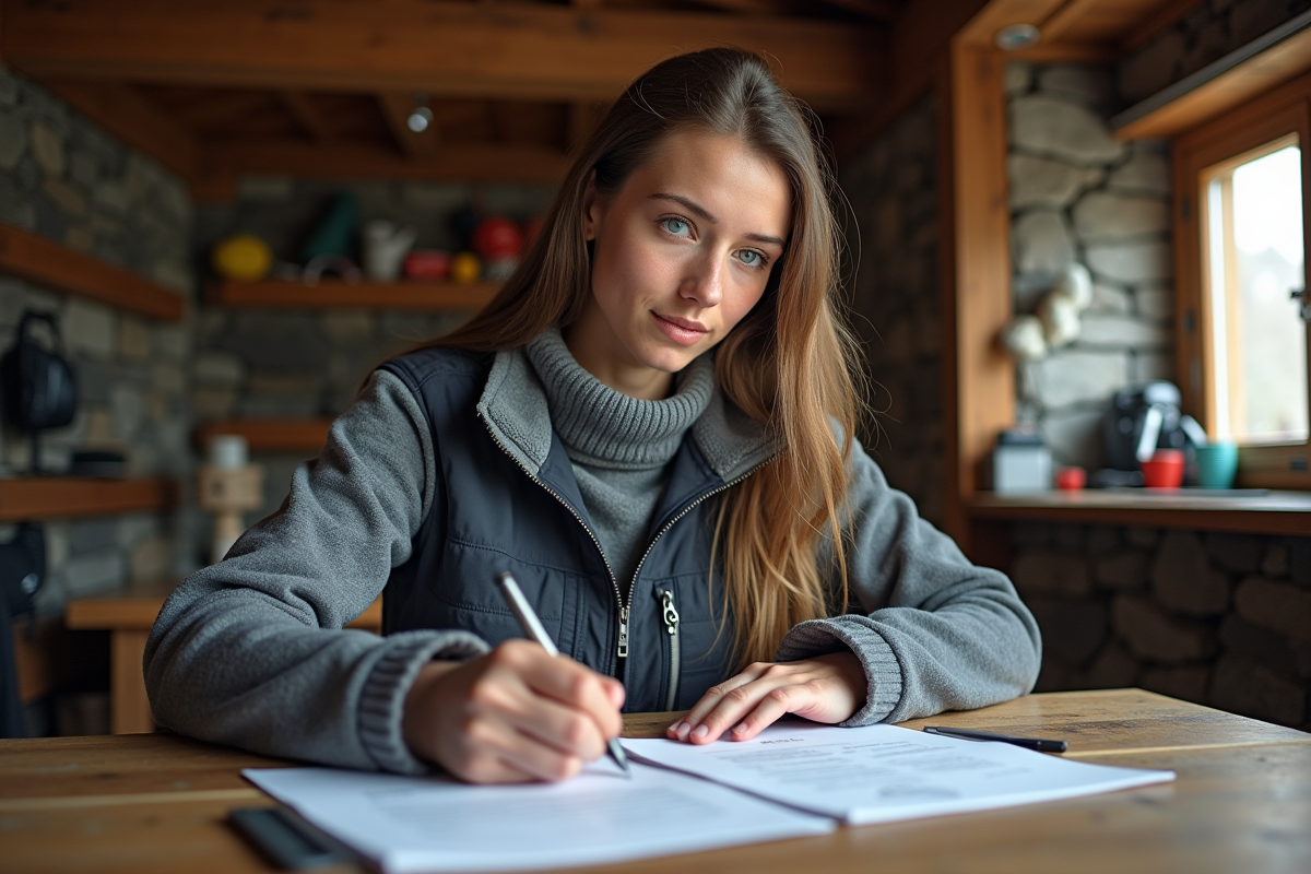 Jeune femme en plein effort de rédaction en refuge alpin