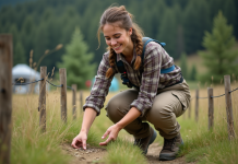 Jeune femme en extérieur semant des fleurs sauvages