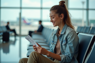 Jeune femme souriante dans un aéroport avec billet en main