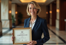 Reconnaissance officielle pour les hôtels d’exception : qu’est-ce que cette distinction ? Femme élégante en costume navy dans un lobby hôtel