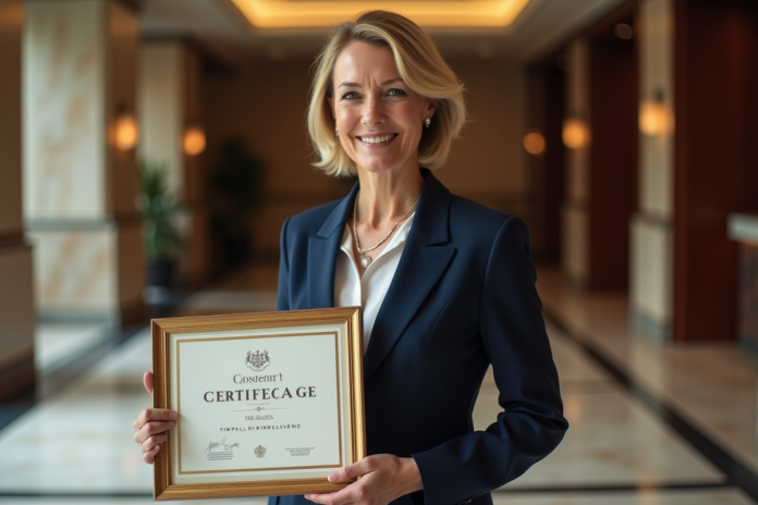 Femme élégante en costume navy dans un lobby hôtel