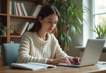 Jeune femme travaillant sur son ordinateur à la maison
