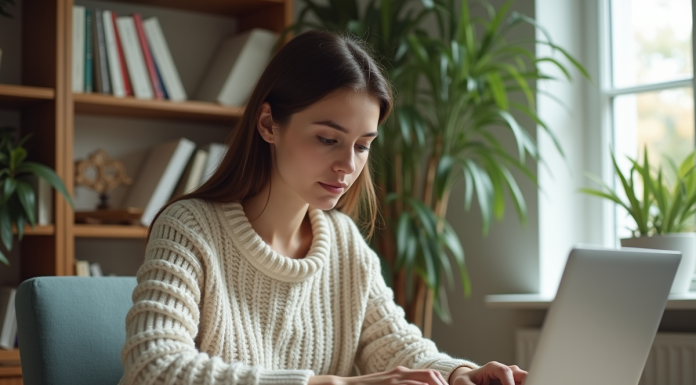 Jeune femme travaillant sur son ordinateur à la maison