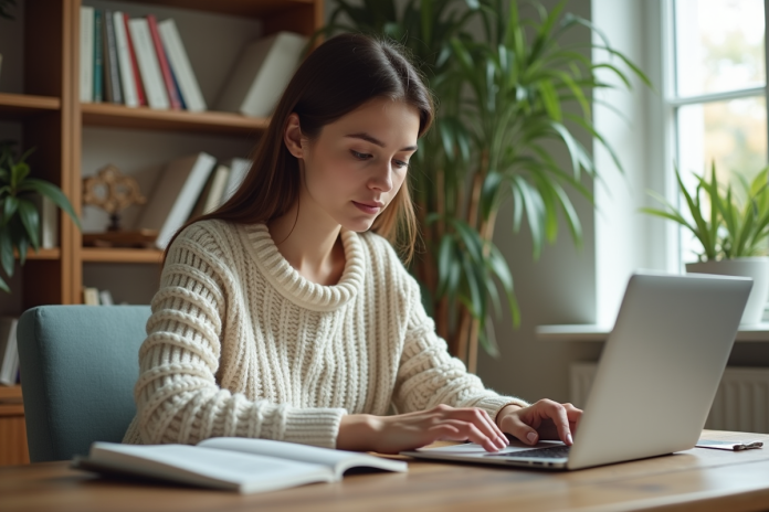 femme-travail-laptop-maison Jeune femme travaillant sur son ordinateur à la maison