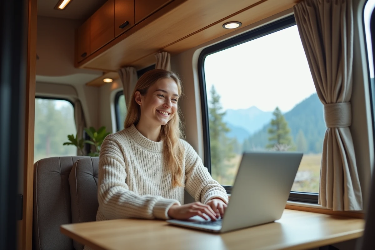 Jeune femme travaillant sur ordinateur dans camper