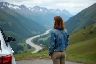 Jeune femme regardant une route de montagne depuis un belvédère