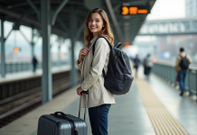 Valise cabine et sac à dos : le combo idéal pour vos voyages ! Jeune femme voyageant avec valise et sac à dos sur plateforme