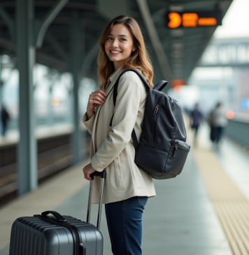 Valise cabine et sac à dos : le combo idéal pour vos voyages ! Jeune femme voyageant avec valise et sac à dos sur plateforme