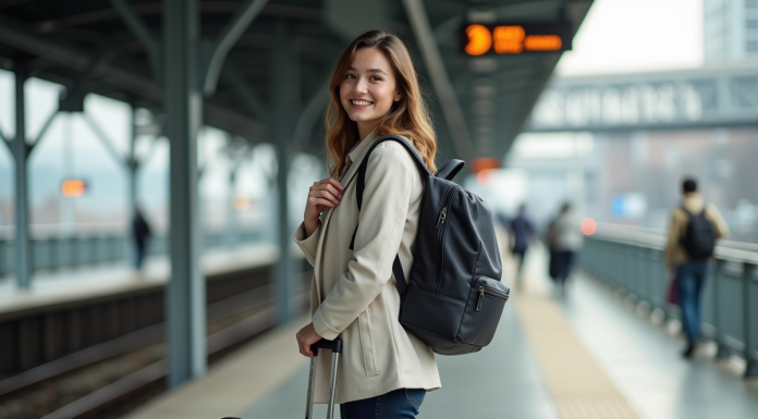 Jeune femme voyageant avec valise et sac à dos sur plateforme