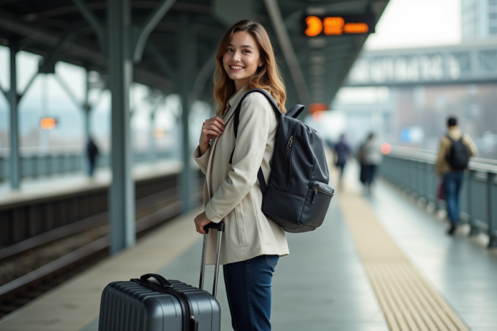 femme-voyage-suitcase-backpack Jeune femme voyageant avec valise et sac à dos sur plateforme