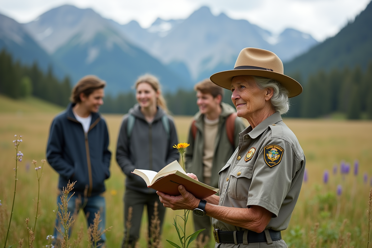 Gardienne de parc expliquant une fleur rare à des adolescents