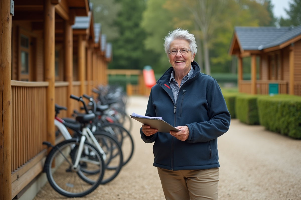 Femme gestionnaire vérifiant l exterieur des bungalows camping