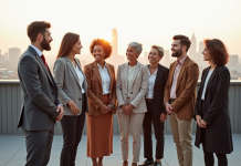 Groupe de sept adultes divers sur un toit urbain avec skyline mondial