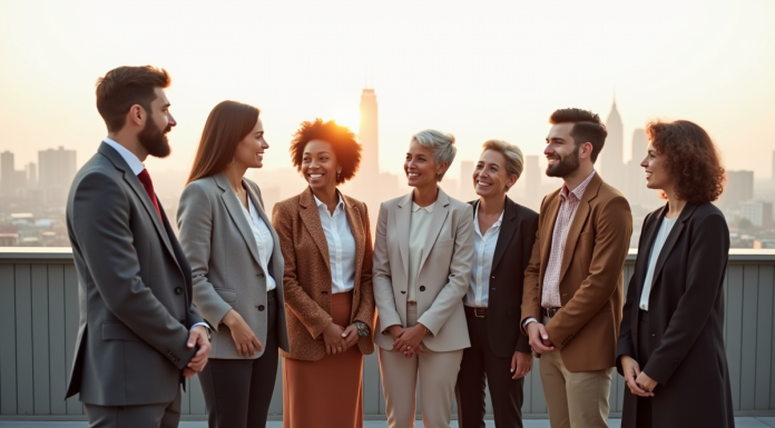 Groupe de sept adultes divers sur un toit urbain avec skyline mondial