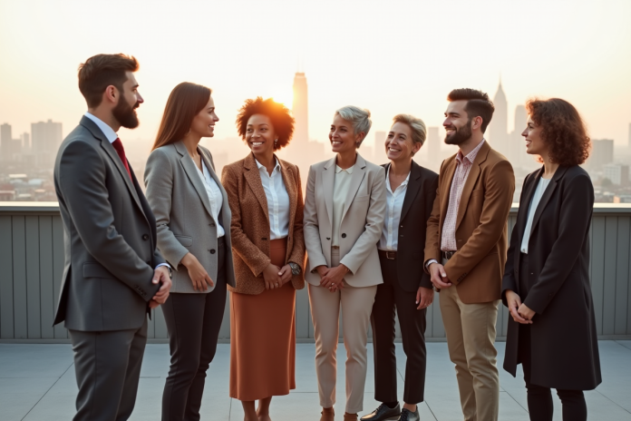 Groupe de sept adultes divers sur un toit urbain avec skyline mondial