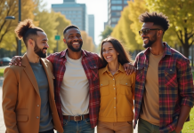 Groupe de personnes diverses dans un parc urbain ensoleille