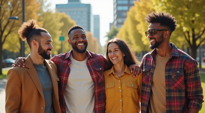 Groupe de personnes diverses dans un parc urbain ensoleille