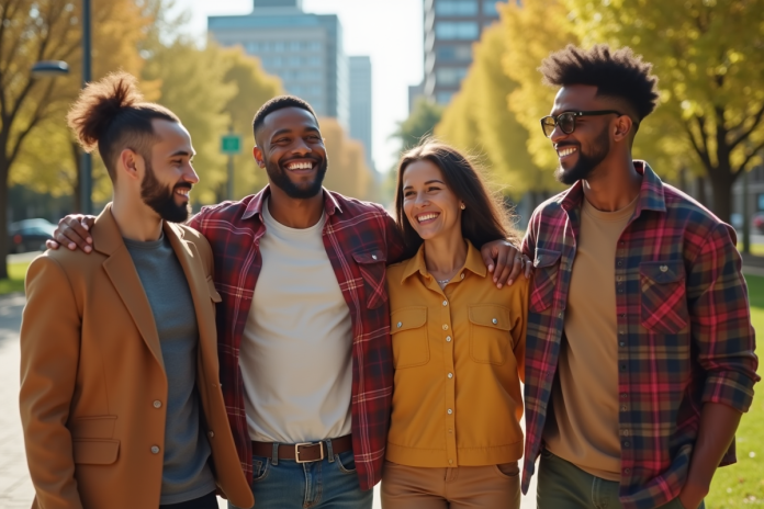 groupe-divers-urbain Groupe de personnes diverses dans un parc urbain ensoleille
