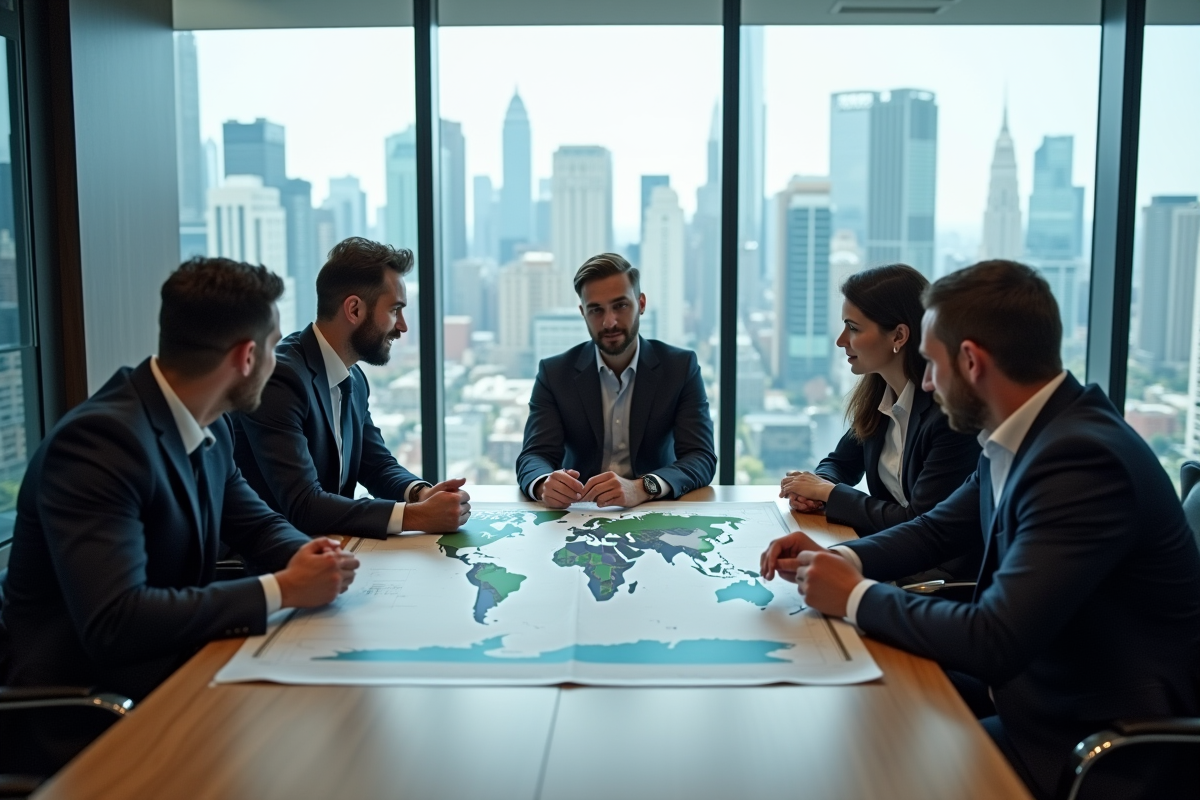 Groupe de professionnels autour d'une carte du monde en réunion