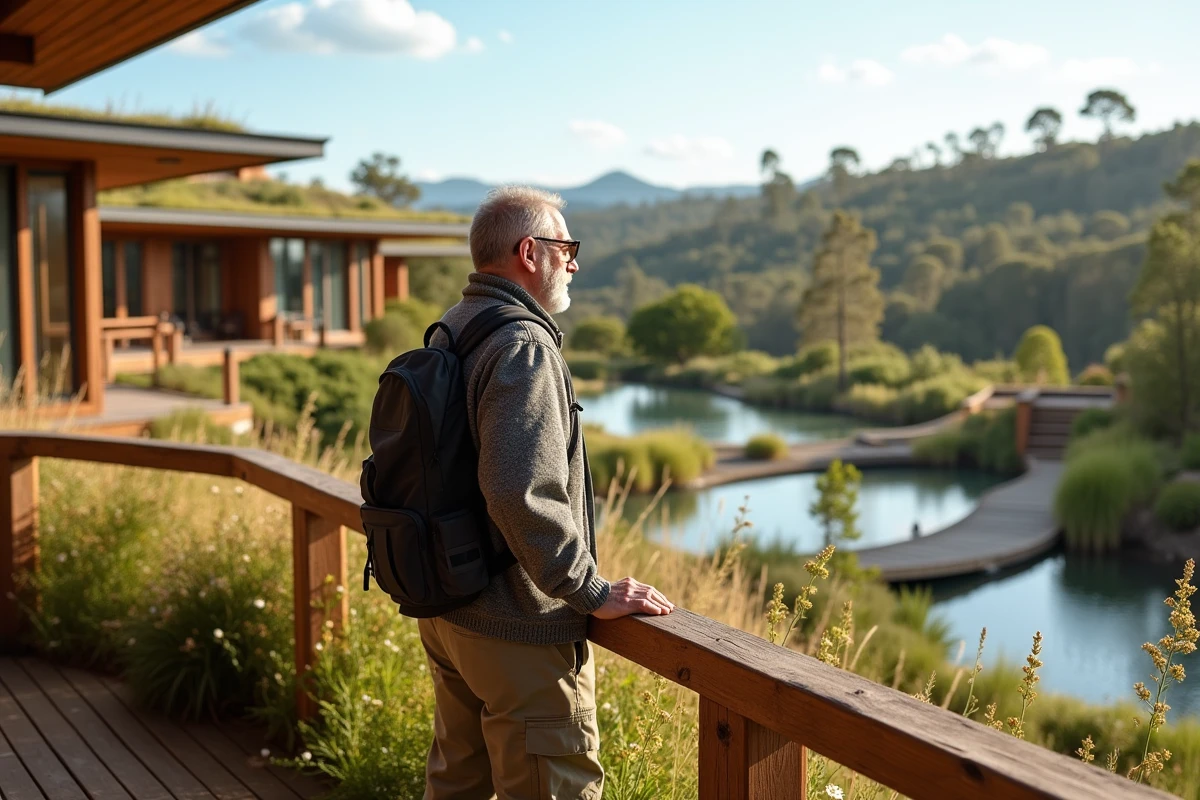 Homme contemplant le paysage naturel depuis un balcon