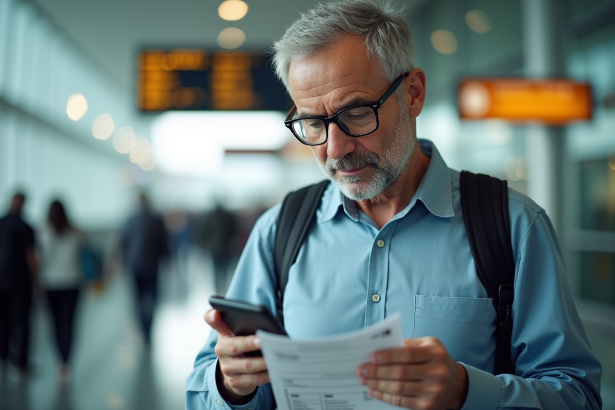Homme vérifiant ses billets dans un aéroport animé