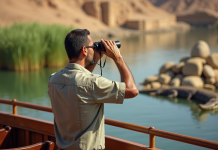 Croisière sur le Nil : observer des crocodiles en Egypte Homme egyptien regardant le fleuve Nile avec crocodile