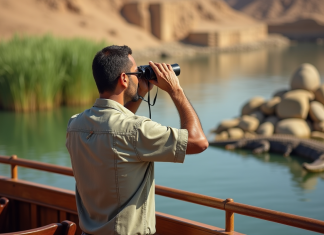 Croisière sur le Nil : observer des crocodiles en Egypte Homme egyptien regardant le fleuve Nile avec crocodile