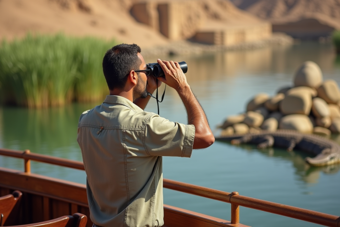 homme-egyptien-croisiere-nile Homme egyptien regardant le fleuve Nile avec crocodile