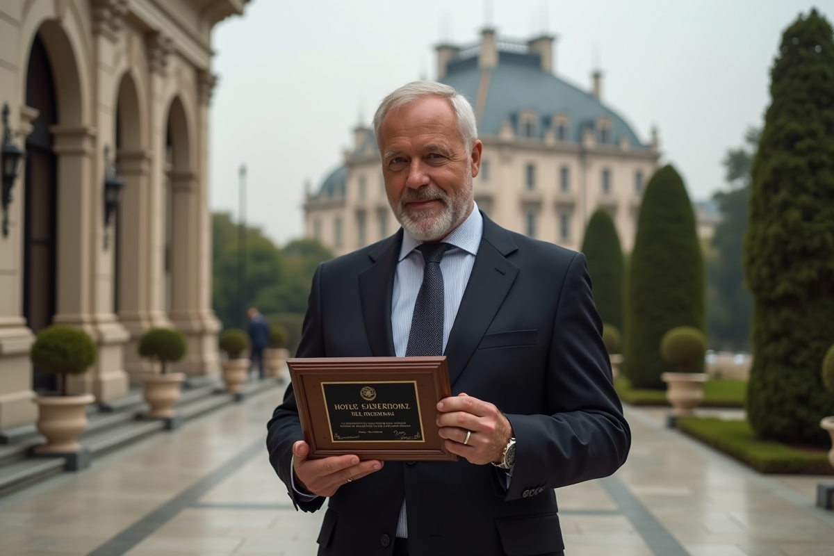 Homme hôtelier recevant une plaque de reconnaissance en extérieur