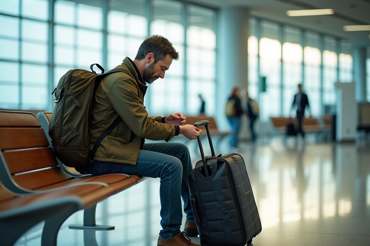 Homme organisant ses affaires dans un aéroport lumineux