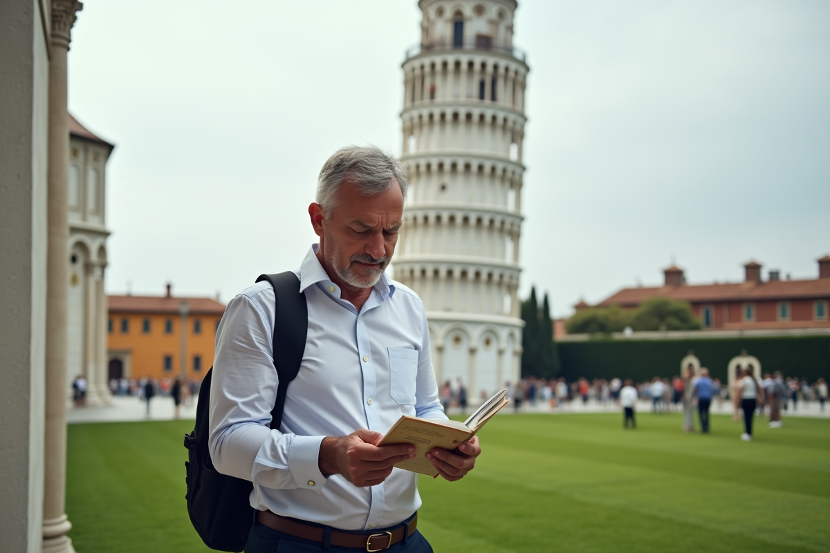 Homme regardant la tour de Pise en Italie