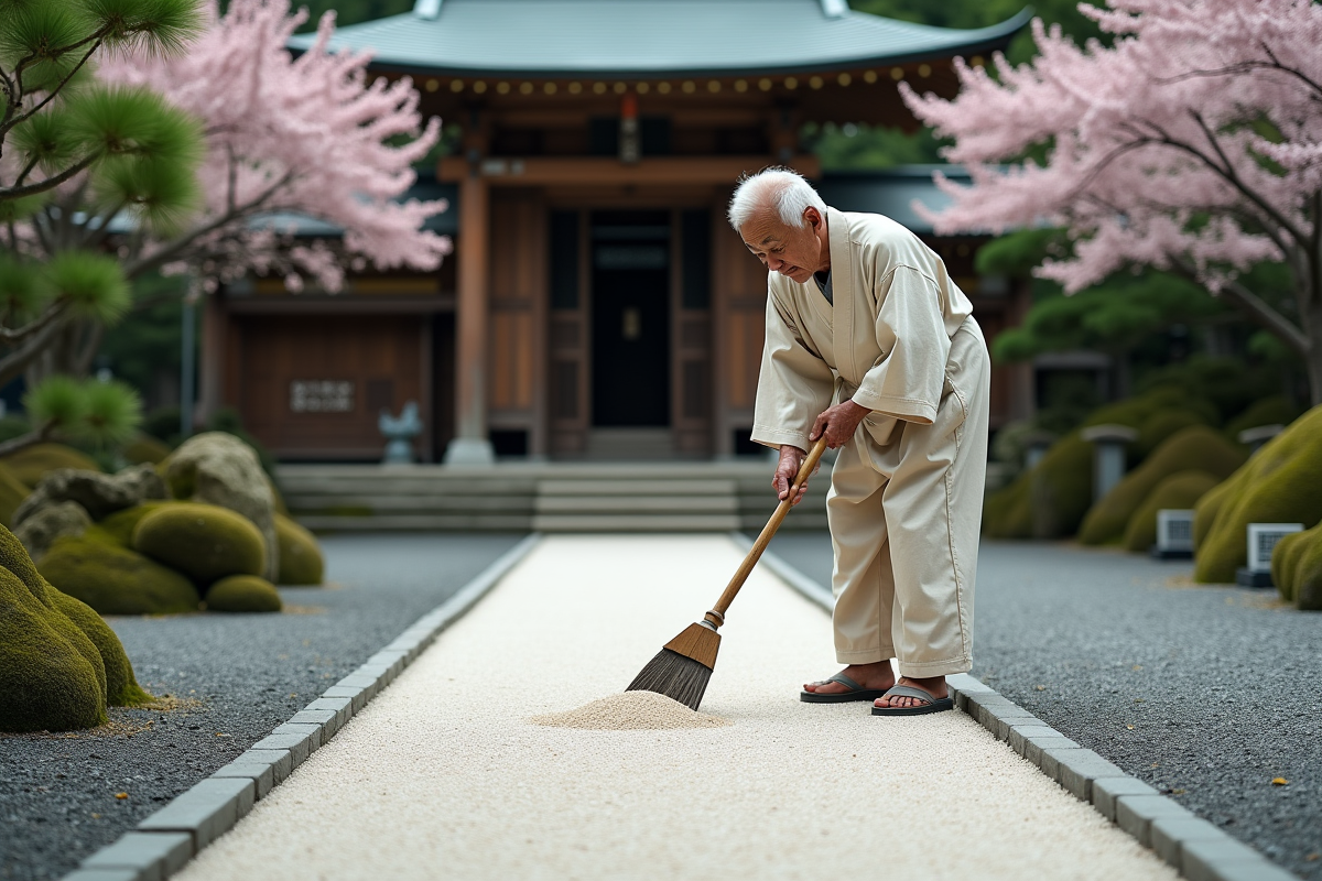 Homme japonais âgé ratisant le gravier dans un jardin shinto